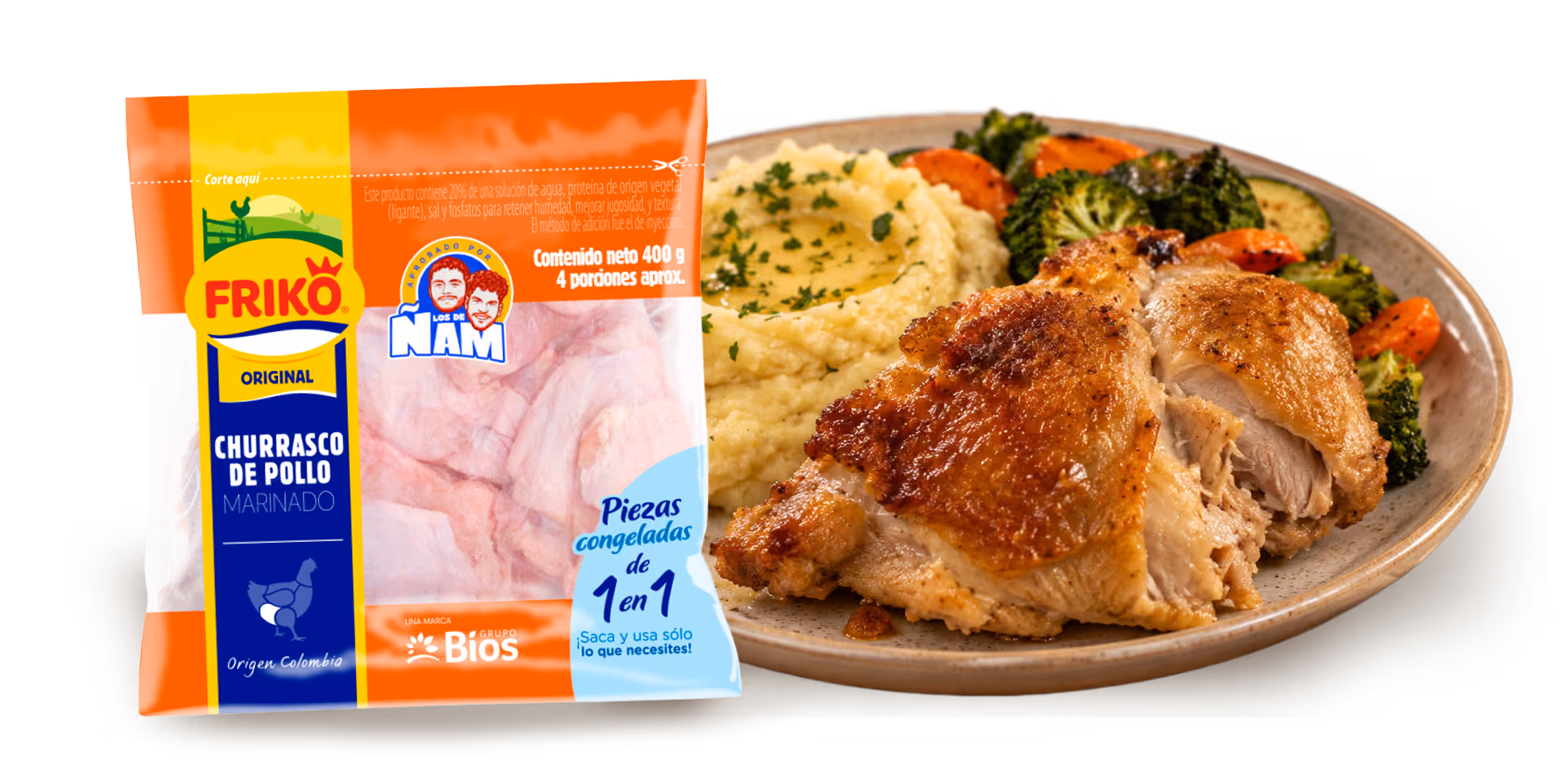 Churrasco de pollo Friko servido con puré de papa y vegetales