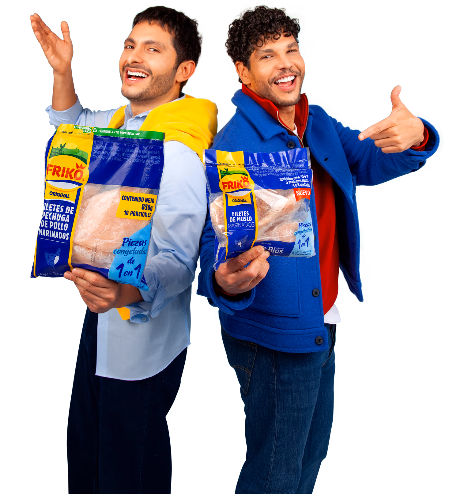 Personajes de Friko sosteniendo filetes de pollo Friko